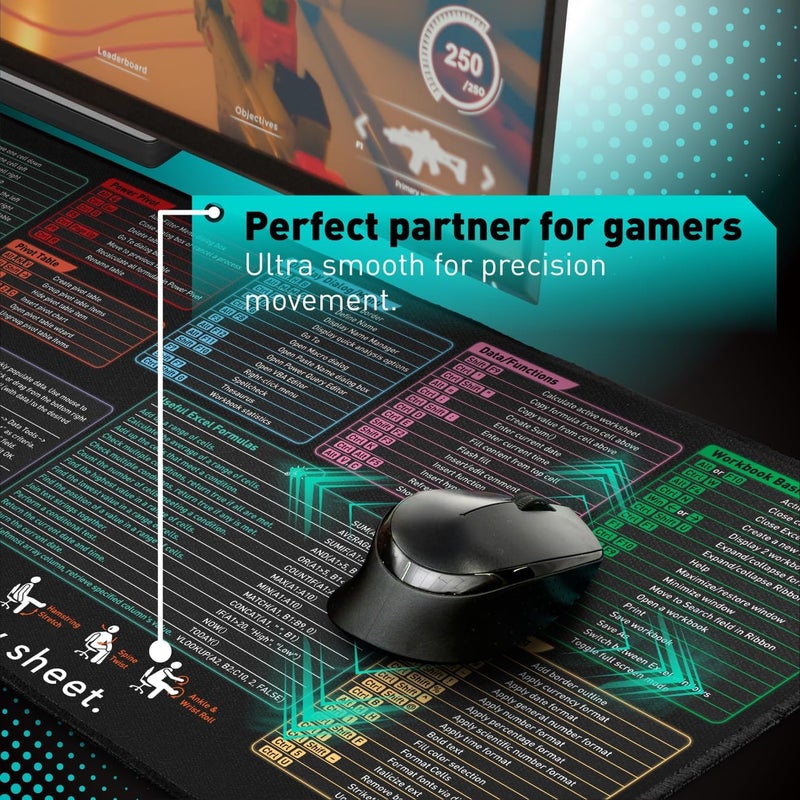 Pixiecube Excel Shortcut Keys Mouse Pad - Extended Large XL Cheat Sheet Gaming Mousepad | PC Office Spreadsheet Keyboard Mat | Non-Slip Stitched Edge - Image 4